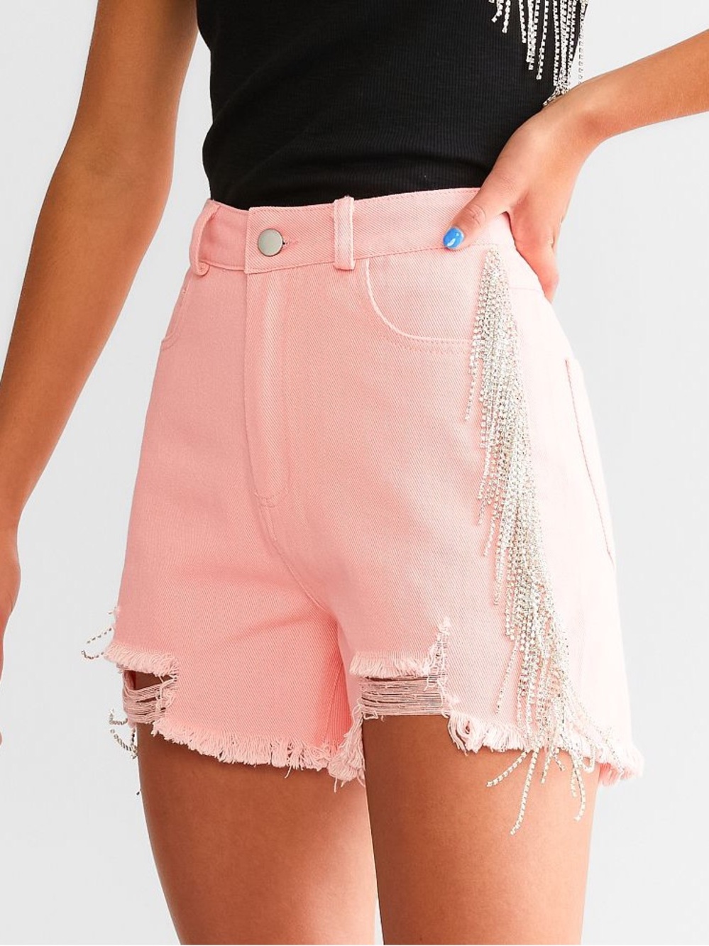 NWT Women’s BLUE B Ultra High Rise pink rhinestone fringe shorts- Size Medium